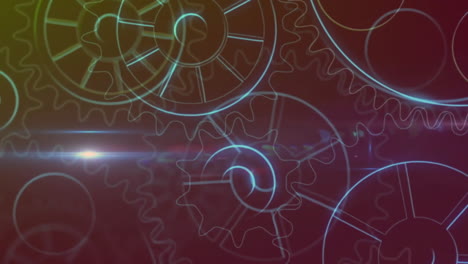 animation of cog wheels over light trails on black background