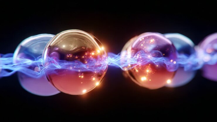 An ethereal display of luminous spheres connected by vibrant energy waves, showcasing a mesmerizing flow of colors and light, exemplifying the interplay between form, movement, and visual dynamism in a surreal environment