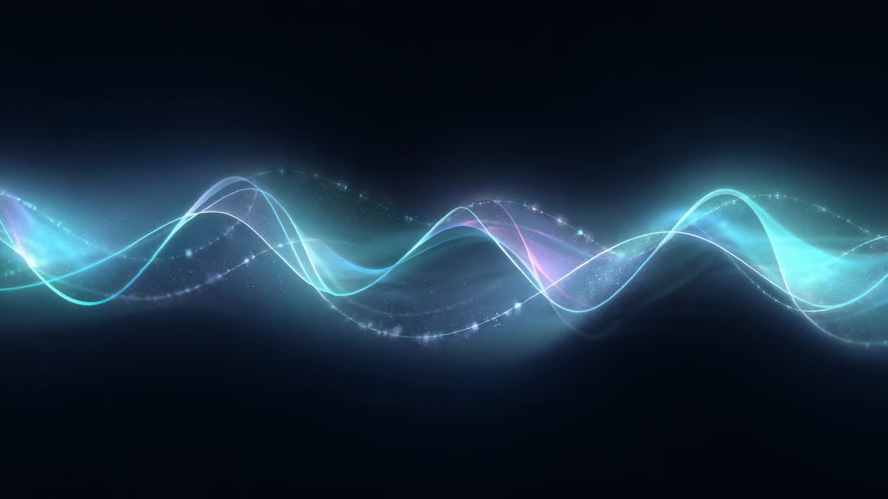 Looping cyan teal purple ribbons moving right across dark gradient, trailing dotted particles