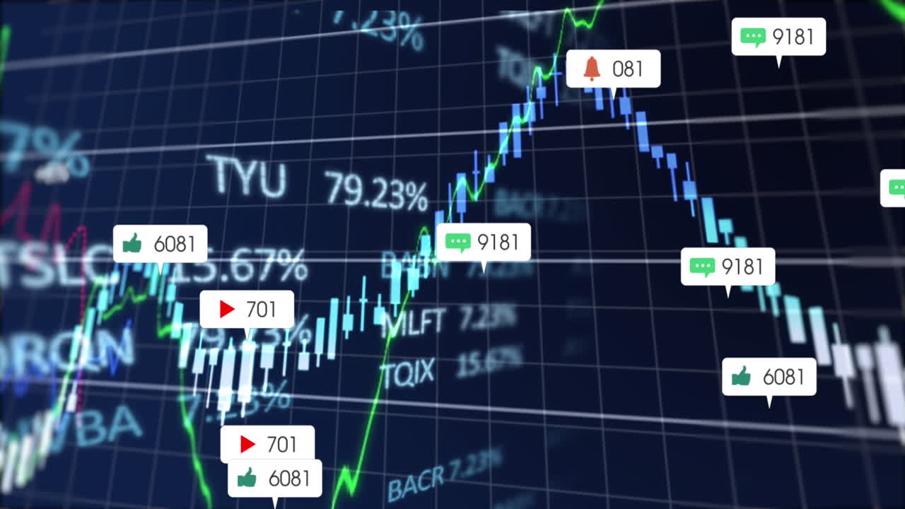 검은 바탕 위의 알림 바, 그래프 및 거래 보드의 애니메이션