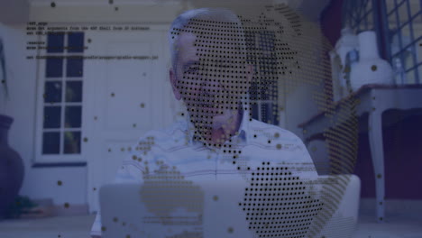 using laptop, elderly man viewing animation with digital world map at school