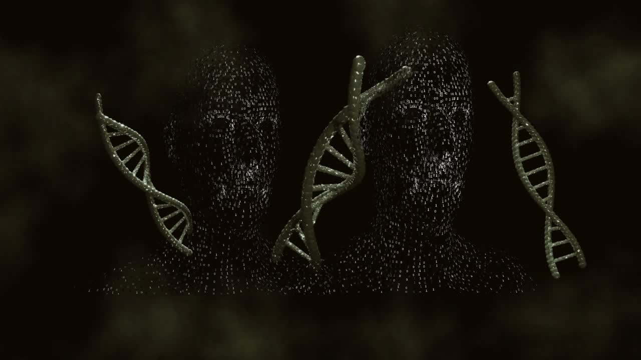 Due teste di particelle che pulsano mentre un'elica centrale avvia il movimento, con eliche che ruotano, mostrando un legame genetico.