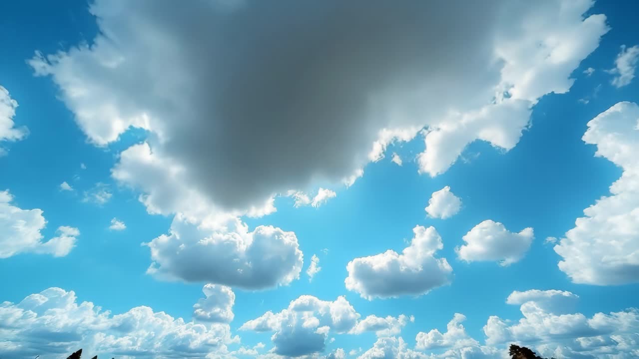 Blue sky with fluffy clouds. Fluffy white clouds drift across a bright blue sky on a sunny day, creating a serene and picturesque atmosphere.