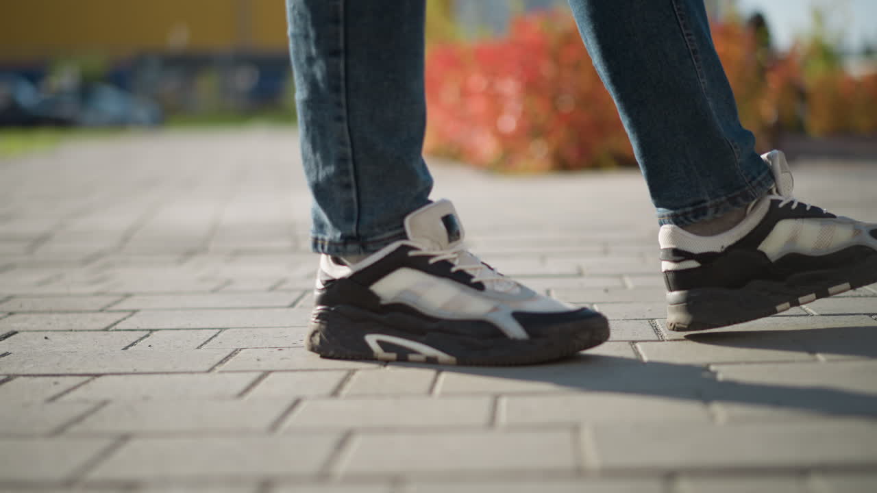 Side leg view of person wearing jeans and black-and-white canvas sneakers walking on interlocked pavement path with strong sunlight casting long shadows and blurred red bushes in background