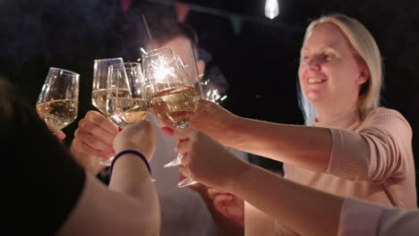 friends celebrating with sparklers and wine
