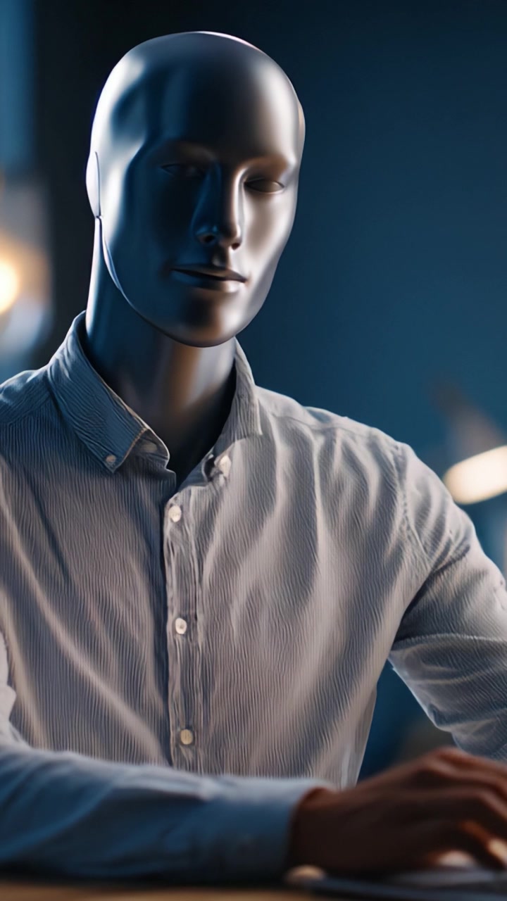 A stylish, lifelike mannequin seated at a table, showcasing a strikingly realistic appearance with a modern design, captured in a well-lit, softly blurred studio setting.