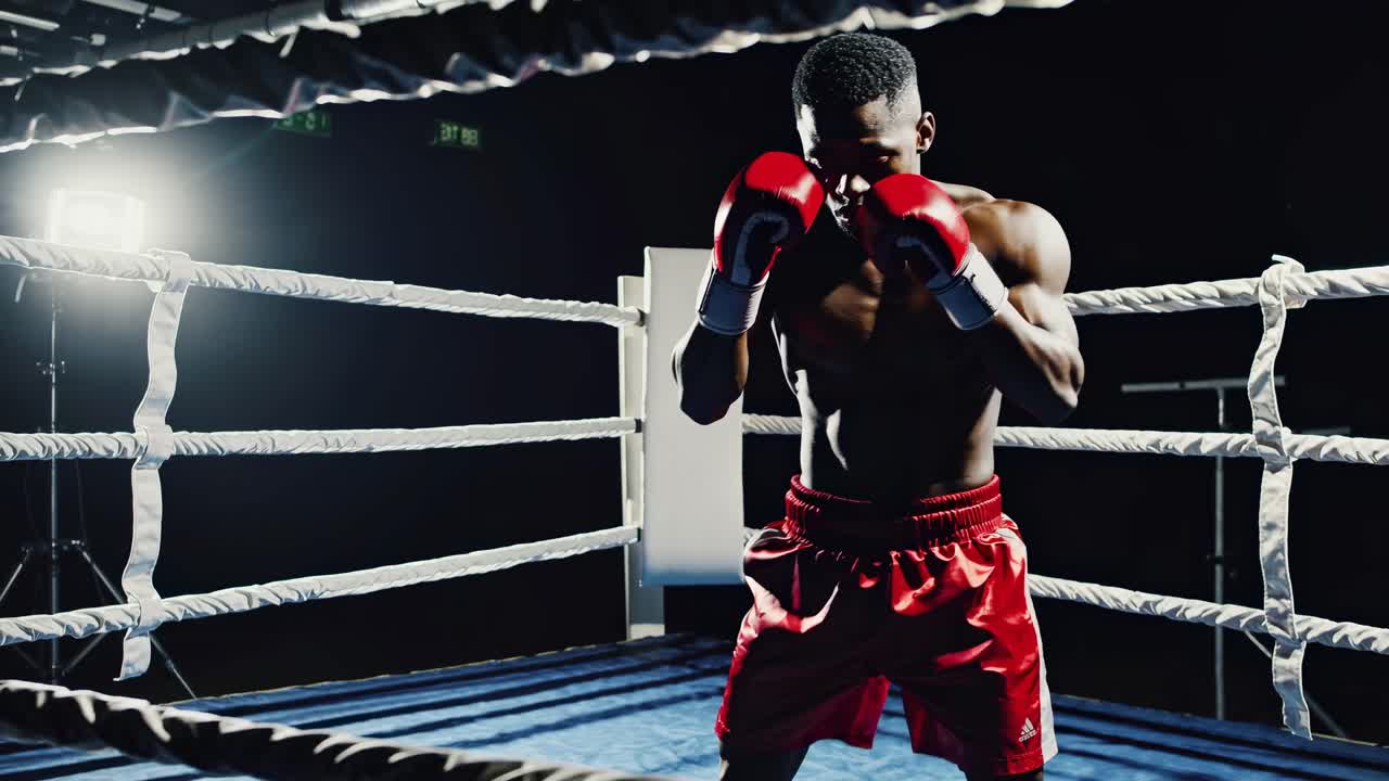 Dramatische Videoaufnahme aus der Untersicht eines Boxers in roten Shorts und Handschuhen, der in einem schwach beleuchteten Ring steht