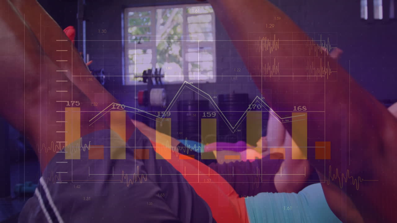 Workout partners lifting barbell in fitness gym, integrating translucent data charts and waveforms