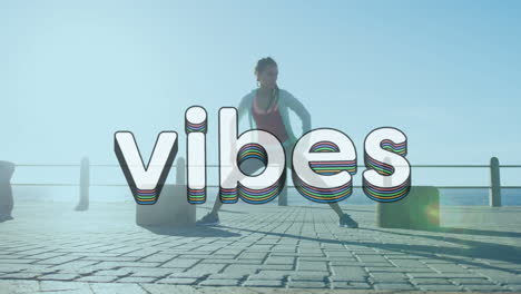 retro style vibes text against african american woman performing stretching exercise on promenade