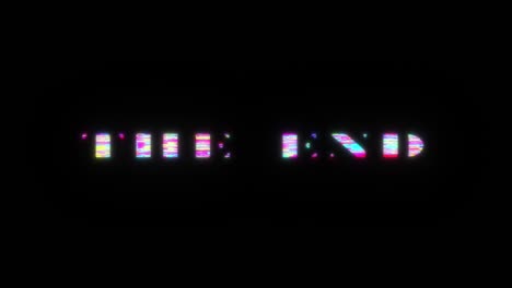 the end colorful text word flicker light animation loop with glitch text effect. 4k 3d seamless looping the end glitch effect element for intro, title banner. colorful retro gaming console style.