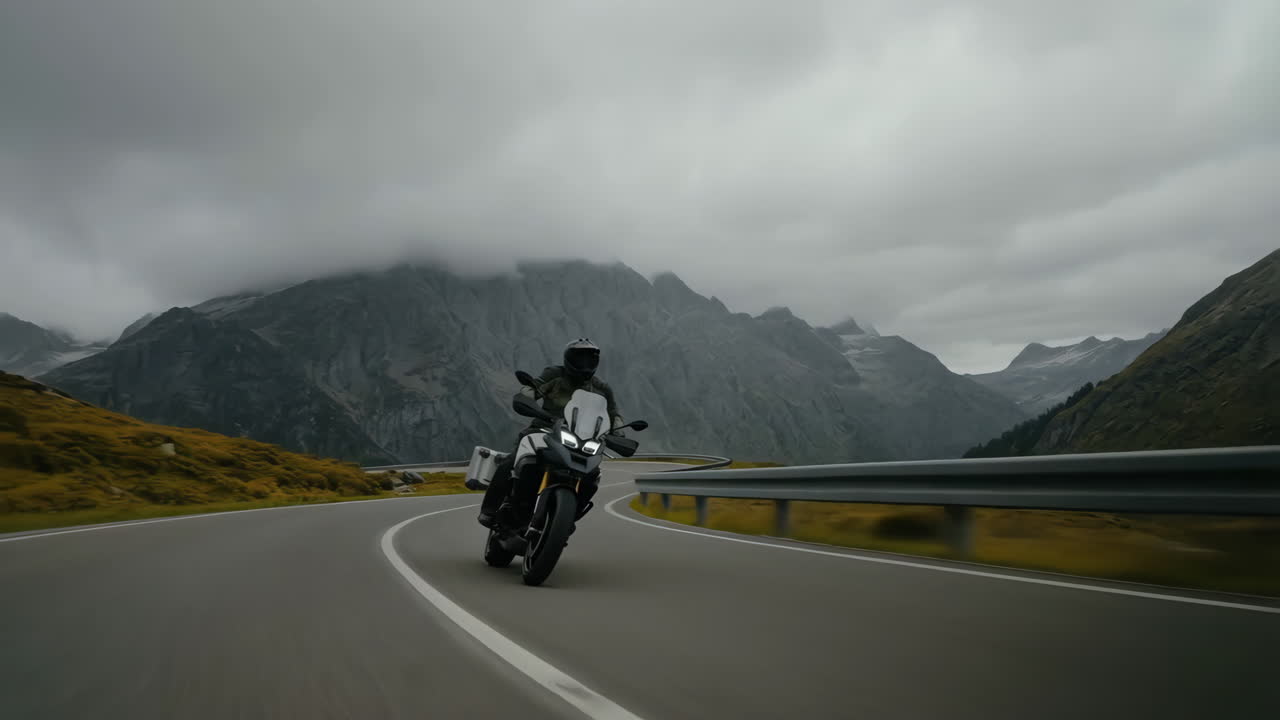 Motorcyclist Riding on a Scenic Mountain Road Under a Cloudy Sky