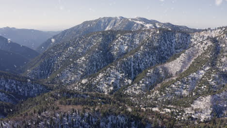 charming-tranquil-snowfall-on-mountain-chain-and-evergreen-pine-forest,-dolly-in