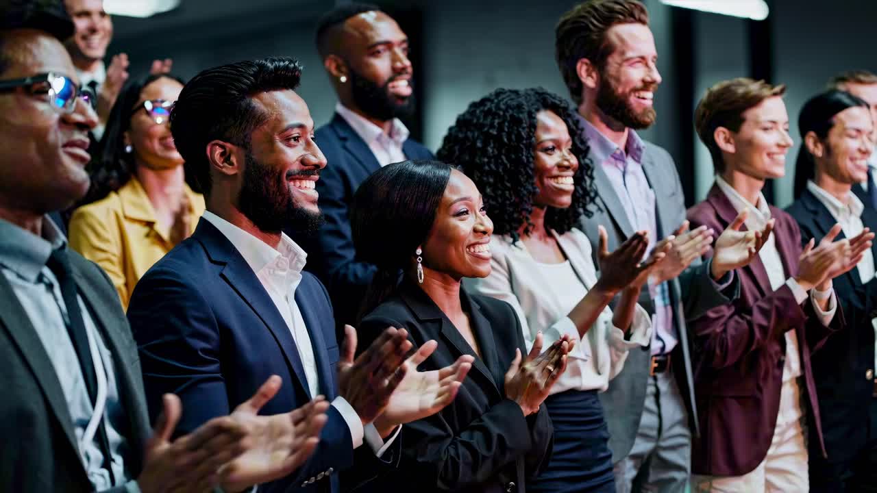 A diverse group of professionals applauding, captured from a side angle
