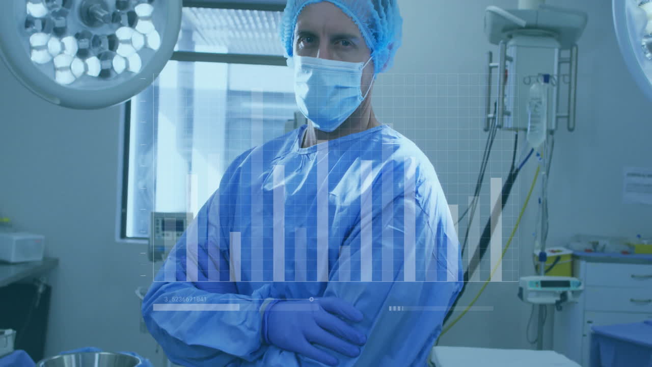 Chirurg staand in een operatiekamer, met een medische data-overlay en een geanimeerd staafdiagram.