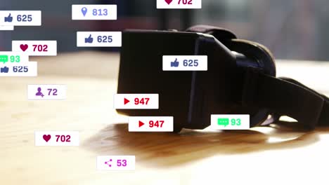 animación de iconos de redes sociales y números en banners sobre auriculares vr