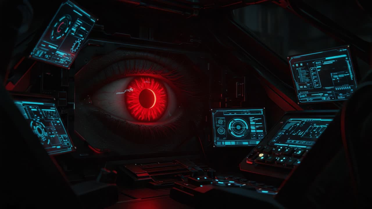 Uno sguardo intrigante in una sala di controllo futuristica con un occhio rosso incandescente circondato da monitor avanzati che visualizzano dati e grafica complessi