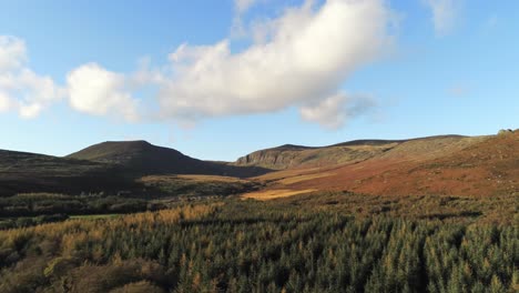 Panning-drone-shot-of-The-Mahon-Valley-Comeragh-Mountains-Waterford-Ireland,-on-a-bright-winters-day