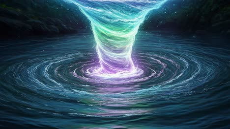 a mesmerizing vortex of colorful swirls emerging from a tranquil water surface, creating a stunning contrast against the dark surroundings and illuminating the scene