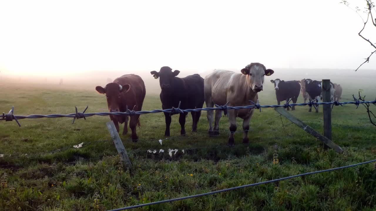 Alba nebbiosa e luminosa del mattino, silhouette di un curioso branco di mucche al pascolo in una scena rurale di campagna