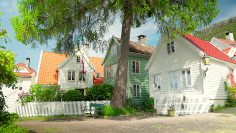 Cozy-old-houses-in-Sandviken-in-Bergen,-Norway-centered-around-a-large-tree