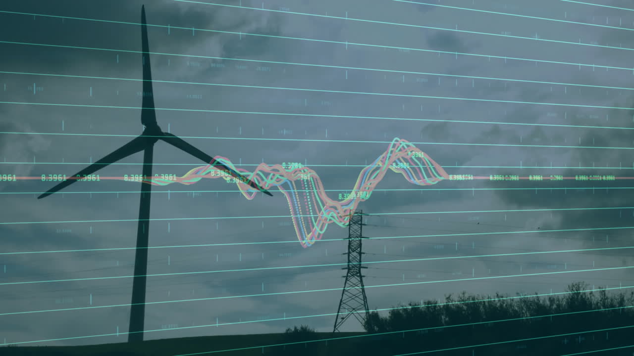 Wind turbine silhouette being animated against cloudy sky, displaying data graphs over flat grid