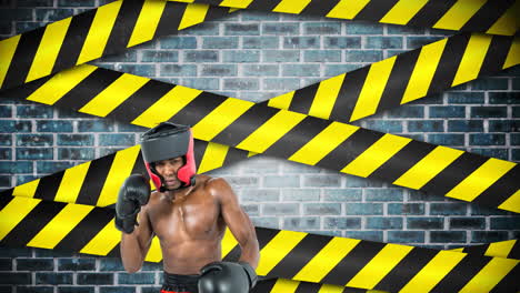 animación de boxeador afroamericano sobre advertencia cintas amarillas y negras y pared de ladrillo