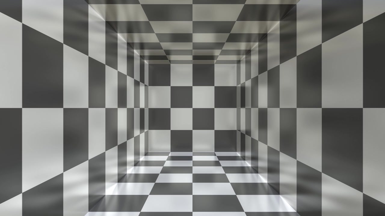 Symmetrical Black and White Checkered Room with Reflective Surfaces