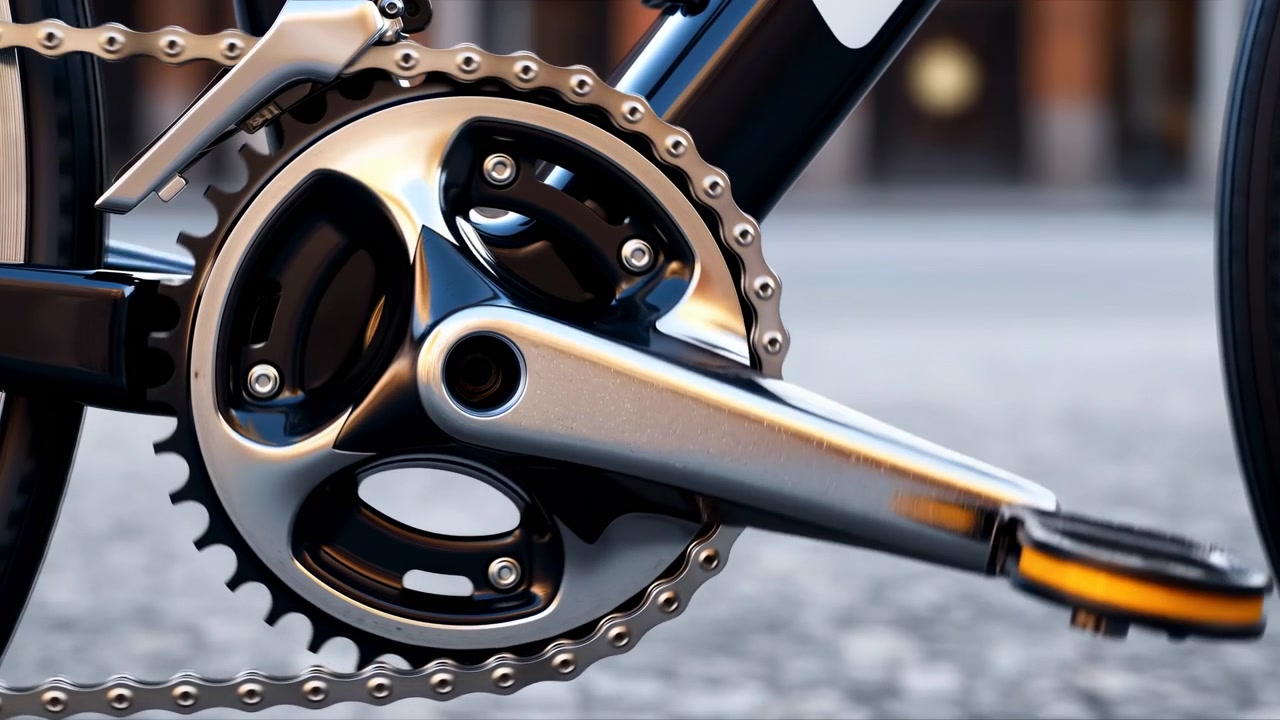 Sharp close-up of a bicycle chainring, crank arm, and chain with metallic components on the left side of the frame, set against a softly blurred outdoor