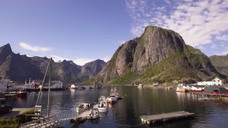 aerial of a small harbor in hamnoy, norway