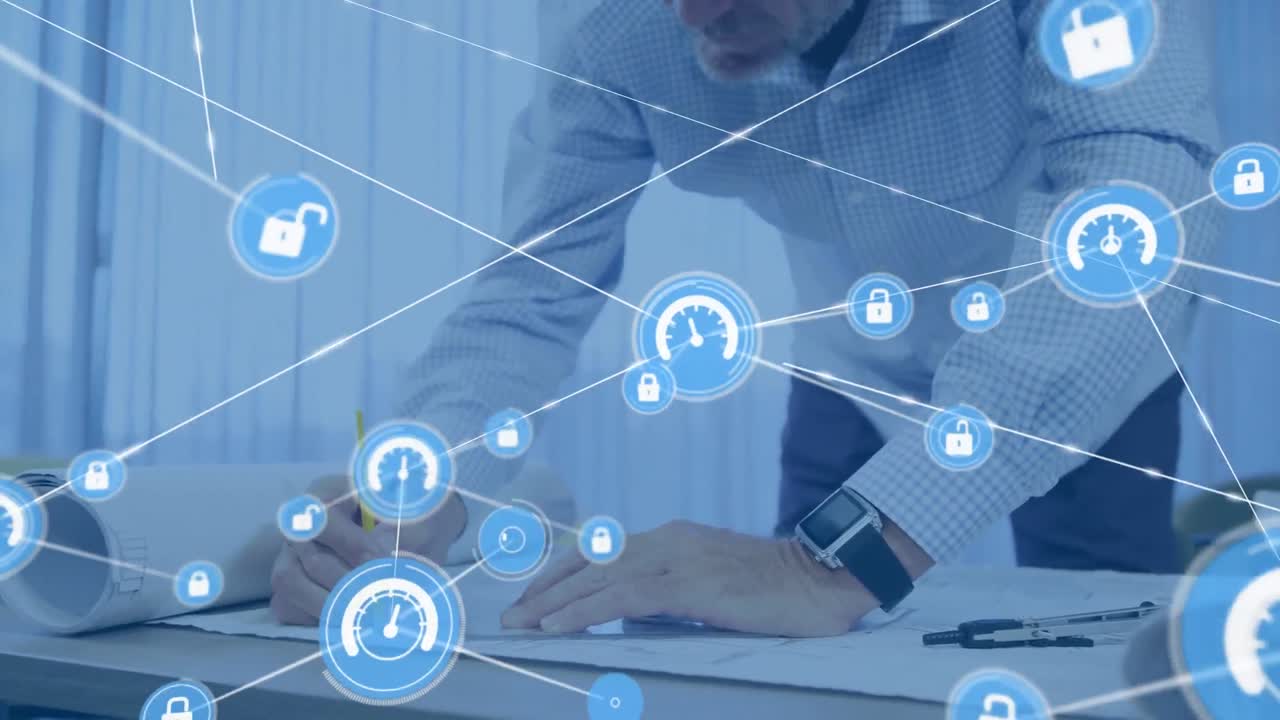 animación de la red de conexiones sobre el arquitecto caucásico masculino