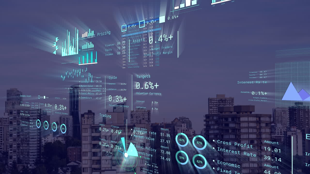 animación del procesamiento de datos financieros sobre el paisaje urbano