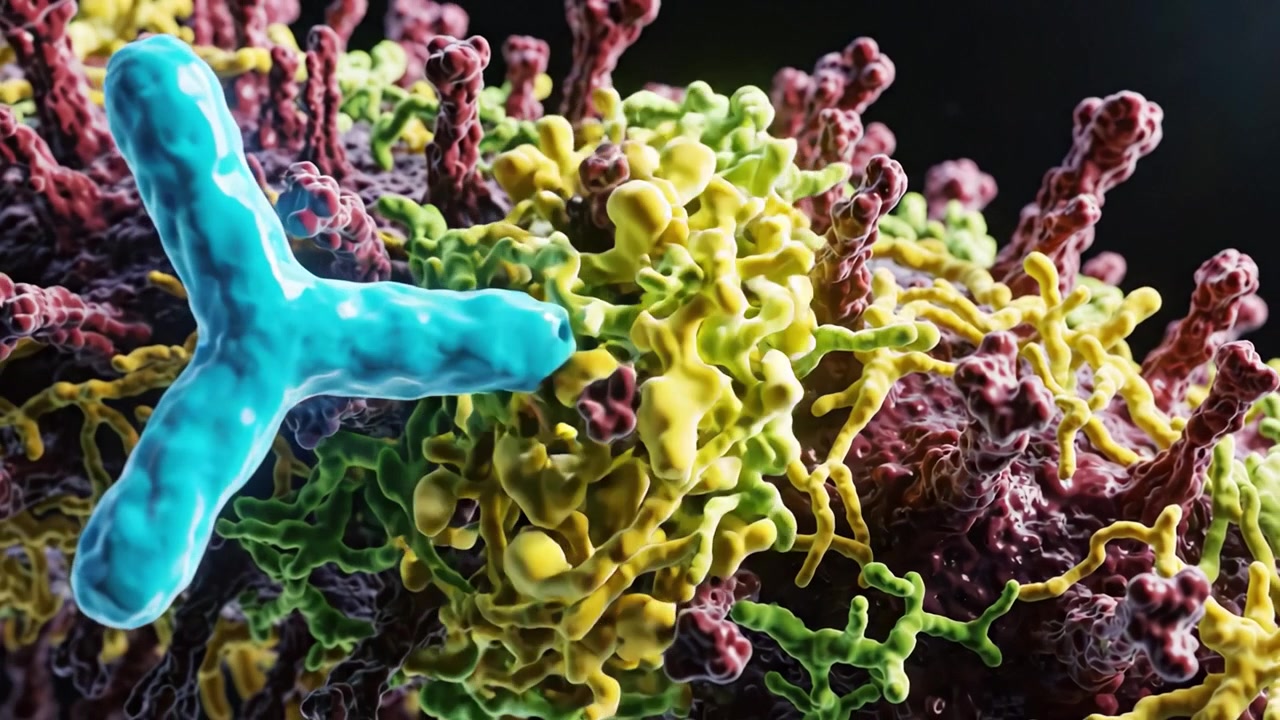 Eine detaillierte Nahaufnahme einer Zellstruktur, die vielfarbige Filamente und Ausstülpungen zeigt und die Komplexität des mikrobiellen Lebens auf molekularer Ebene hervorhebt.