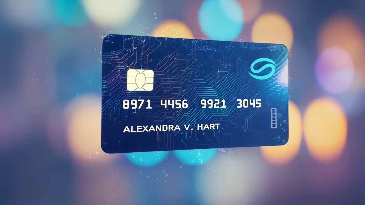 Tarjeta de crédito futurista enfocada, vista en ángulo, luces bokeh