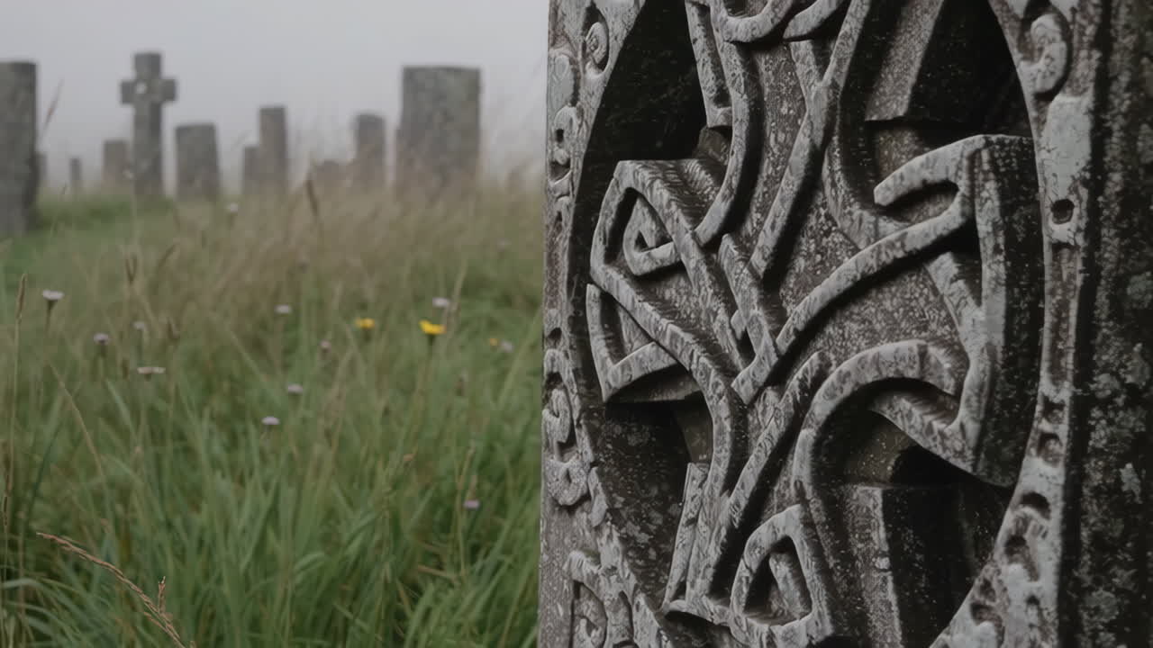 Ancient Celtic Gravestone in a Misty Cemetery