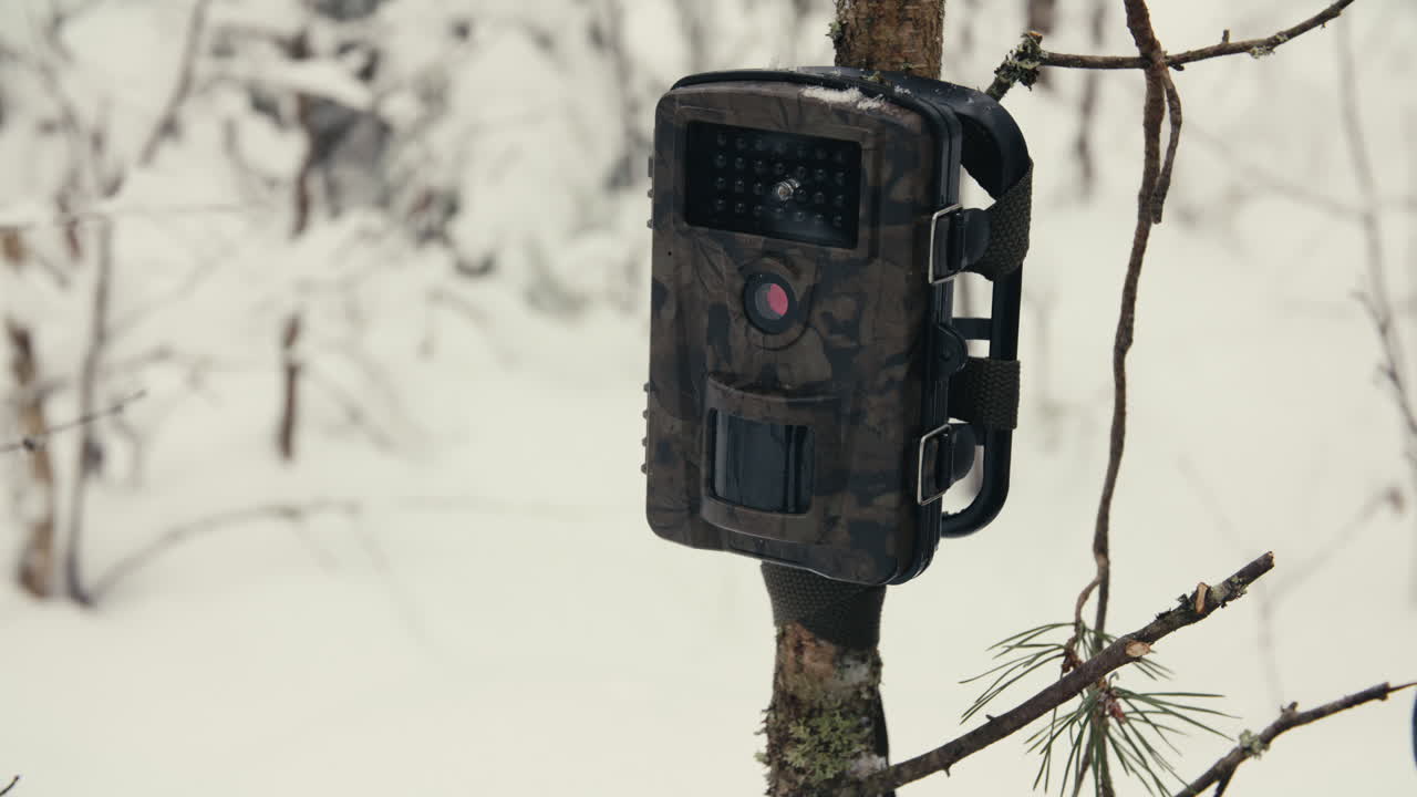 Primo piano di una fototrappola per la fauna selvatica posizionata su un albero, profondità di campo ridotta, sfondo di una foresta invernale e luce naturale soffusa.