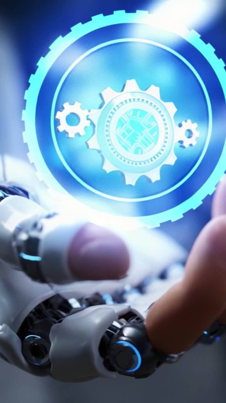 Una mano robotica futuristica tiene una rappresentazione di un ingranaggio luminoso, a simboleggiare tecnologia avanzata, automazione e l'integrazione dell'ingegneria nella vita quotidiana