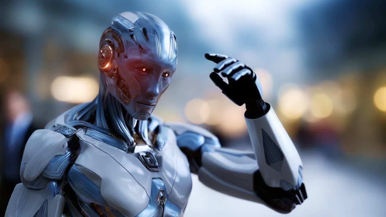 Futuristic humanoid robot with metallic skin and expressive features, standing in a blurred urban environment, showcasing advanced technology and design