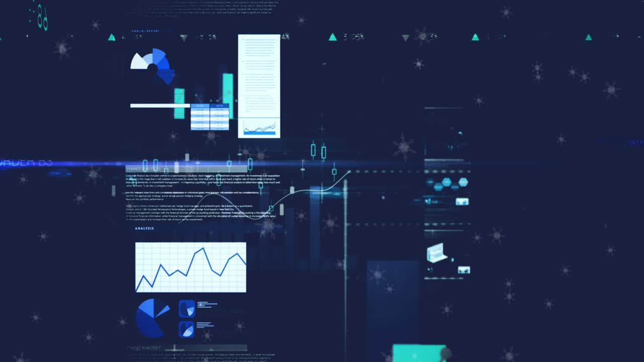 Animation of multiple graphs with data and trading board against black background