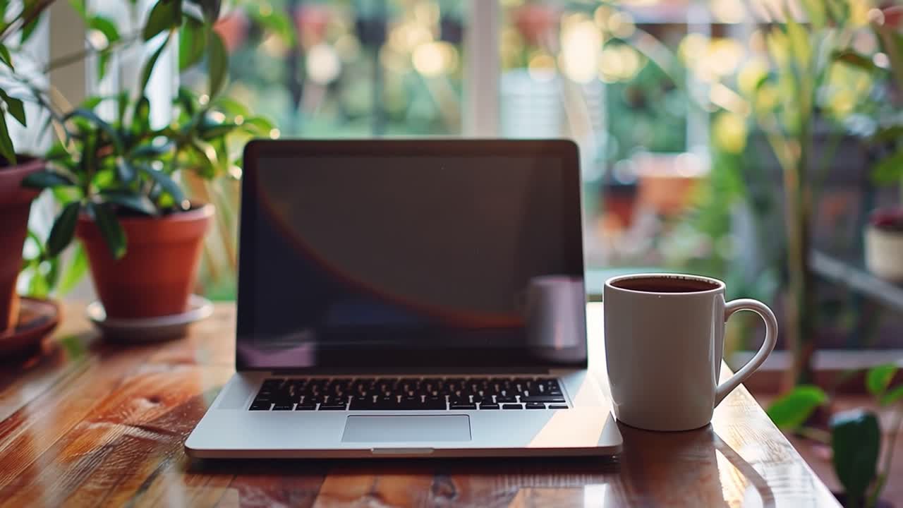Laptop and Coffee on a Desk with Plants