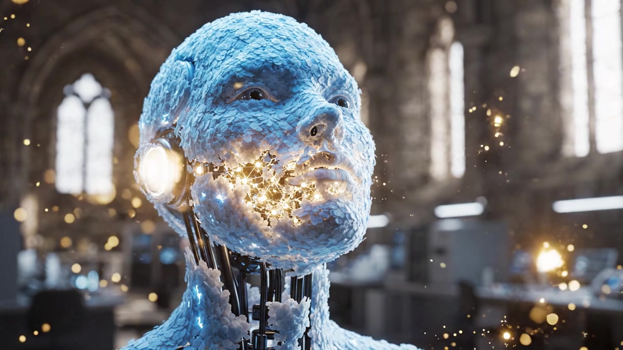 Una figura robotica futuristica realizzata con intricati dettagli testurizzati, che mostra tecnologia avanzata e un'espressione serena in un ambiente industriale scarsamente illuminato.