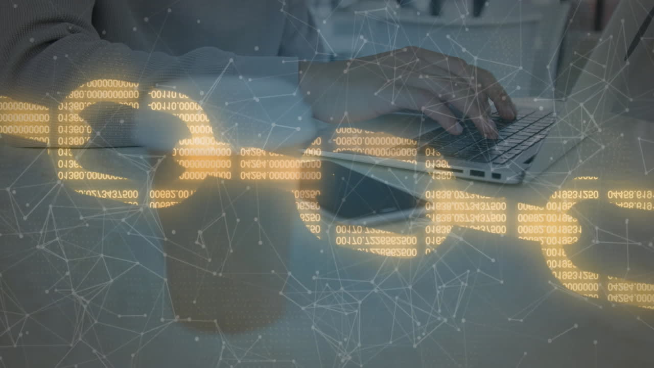 노트북을 사용하여 카우카시안 남자를 통해 체인 연결 네트워크의 애니메이션