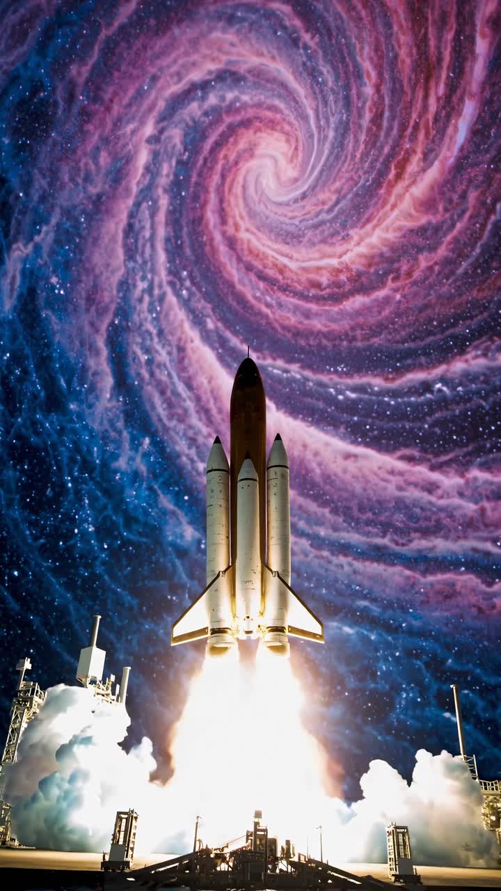 A space shuttle launches dramatically with a swirling galaxy backdrop