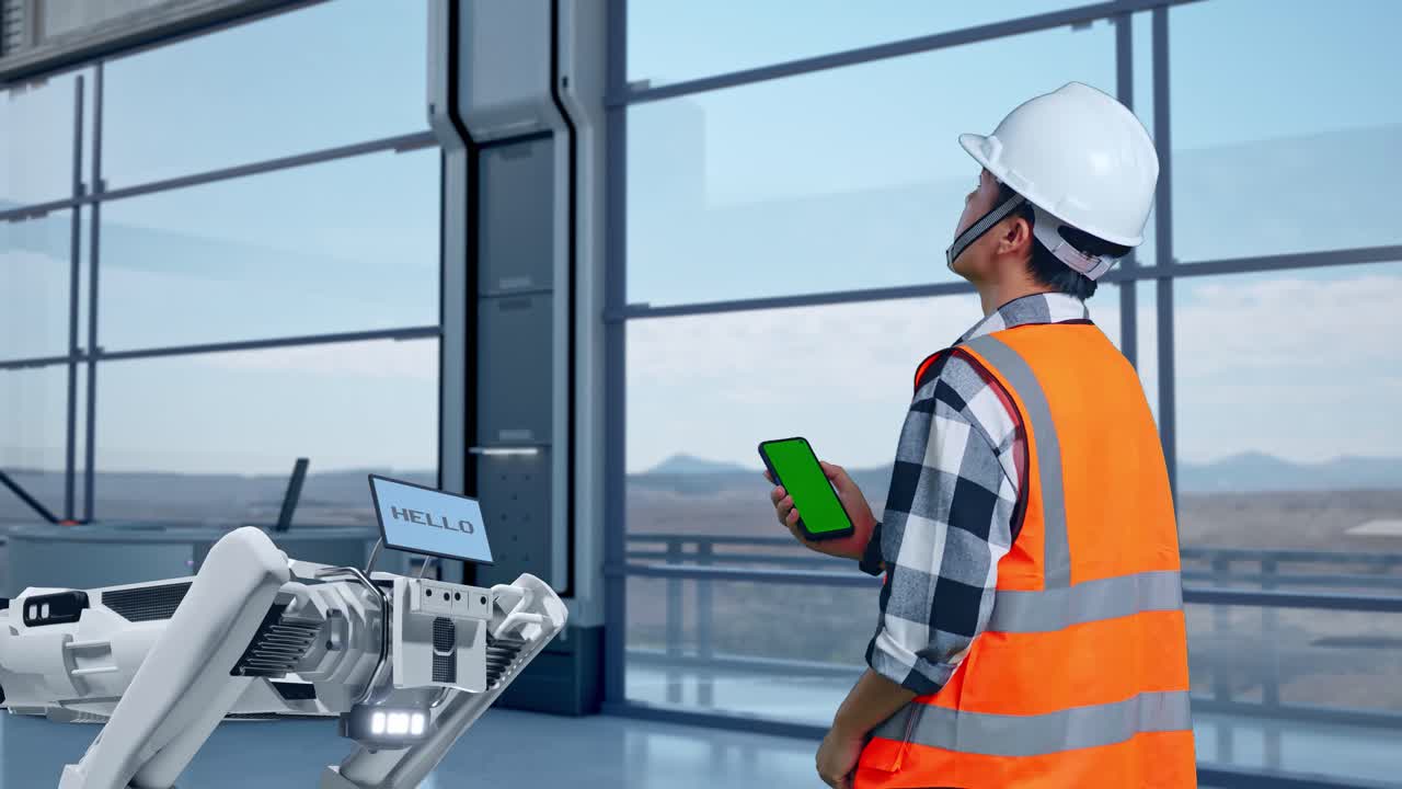 Engineer Observing Robot in Modern Facility