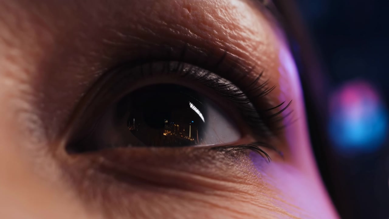 Partial eye opening at extreme close range with upper eyelid, long lashes, vivid corneal reflection, fine skin folds, wrinkles, pores, and soft colored light across face, with eye, cornea, reflection