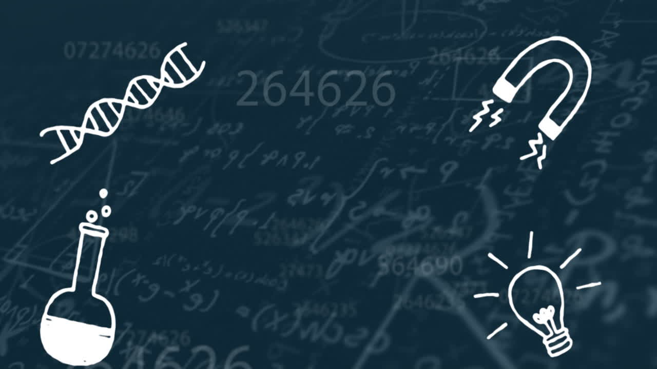 파란색 배경의 수학 방정식에 대한 과학 개념 아이콘의 디지털 애니메이션