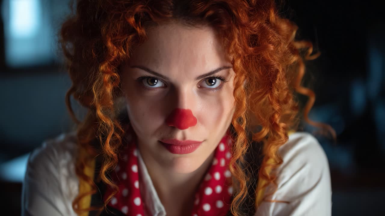 A Captivating Portrait of a Clown with Fiery Red Curls and Intense Gaze, Highlighting the Emotions Behind the Jester's Makeup and Costume Choices