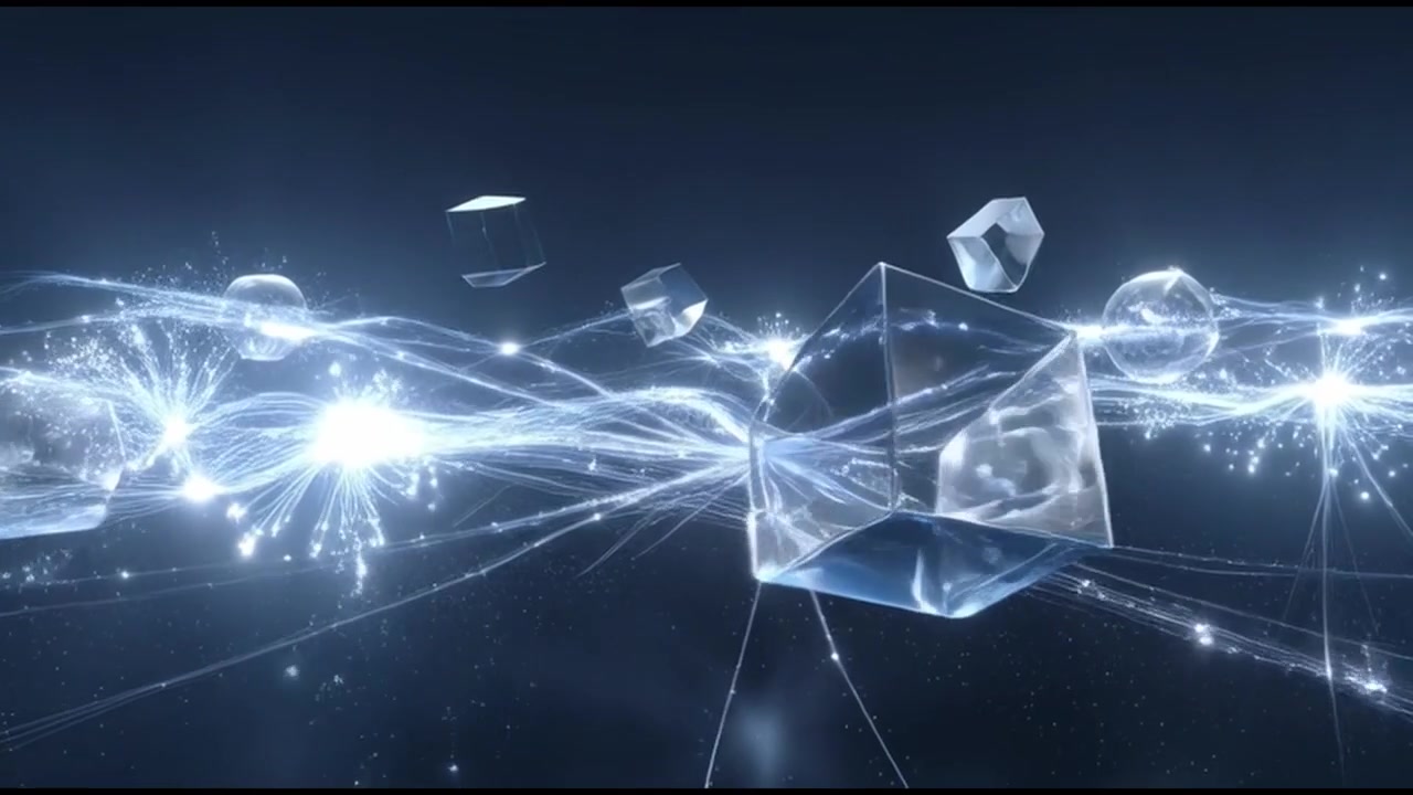 Abstract Digital Network with Floating Geometric Shapes and Glowing Light Connections
