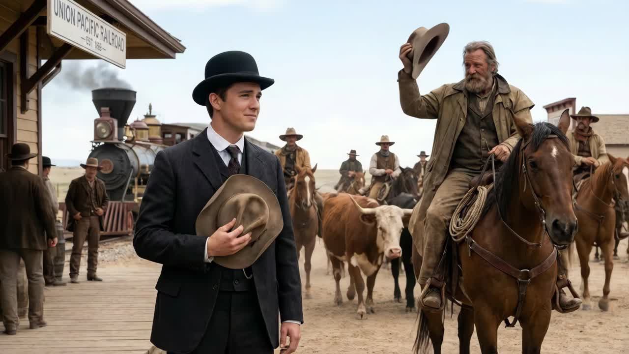 Scena di una città western con treno e cowboy