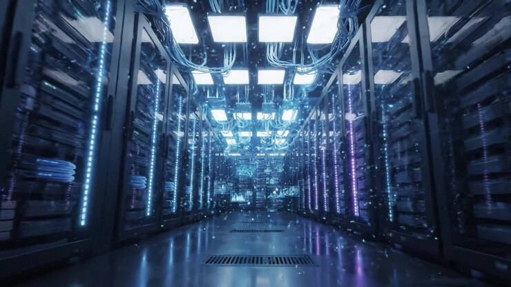 Exploring the Depths of a High-Tech Data Center: Illuminated Server Racks Displaying Advanced Technology in a Futuristic Environment