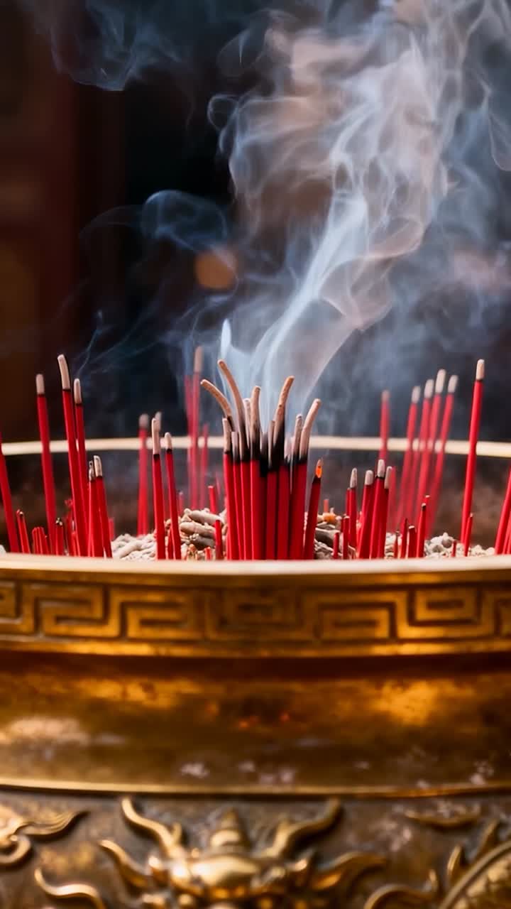 Video verticale: punte rosse incandescenti che emettono fumo da un braciere di ottone in un santuario per un'offerta rituale
